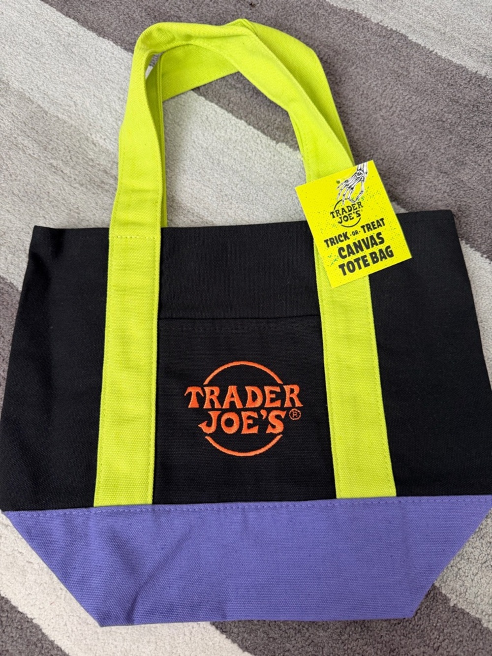 Black Canvas Mini Tote Bag with Lime Handles and Purple Base